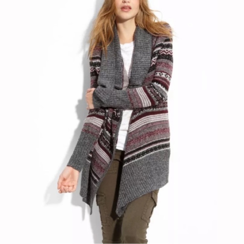 Kensie Nomad Fair Isle Waterfall Open Front Knit Cardigan Sweater - Size Large
